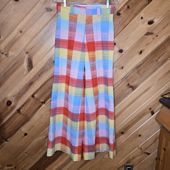 Pants - Rare Vintage 70s Plushbottoms High Waisted Rainbow Plaid Bell Bottoms